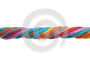 Twisted colorful ropes on white. Unity concept