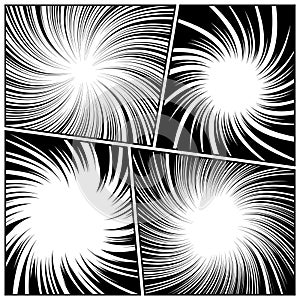 Twisted comic book radial rays, lines. Comics background with motion, speed lines. Pop art style elements. Vector