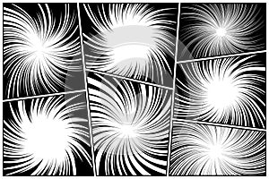 Twisted comic book radial rays, lines. Comics background with motion, speed lines. Pop art style elements. Vector