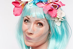 Twisted Face Girl Turquoise Wig Flowers