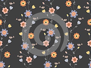 Twisted fairy flowers seamless floral pattern in Scandinavian style. Hand drawn pink, blue, and red flowers on dark