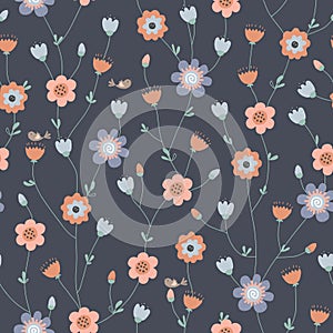 Twisted fairy flowers seamless floral pattern in Scandinavian style. Hand drawn pink, blue, and red flowers on dark