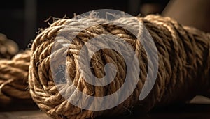 Twisted fiber spool tied up with rough hemp noose knot generated by AI