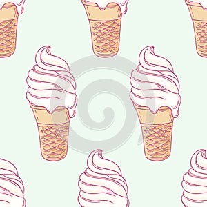 Twisted ice cream in a waffle cone. Seamless pattern. Vector illustration on grren background