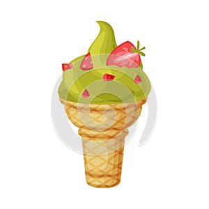 Twisted Ice Cream in Waffle Cup with Strawberry Slabs as Frozen Dessert and Sweet Snack Vector Illustration