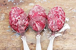 Twisted raw meat on spoon