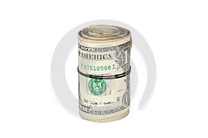 Twisted roll of dollars isolated on white background