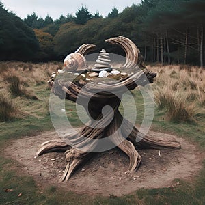 A twisted tree root upended from the ground forms a pedestal i