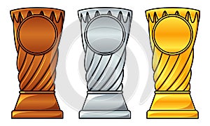 Twisted trophy in bronze, silver and golden colors. Set of three throphies for awarding tournament winners and participants.