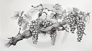 Twisted Vines: Captivating Pencil Drawing of Grape-Adorned Gnarled Vine