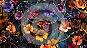 The twisted vines of wire piercing through a collection of vibrant flowers a symbol of the struggle between man and the