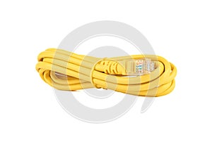 Twisted yellow cable with LAN or Ethernet connectors on a white background.