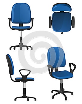 A twisting office chair on wheels, with a blue upholstery seat and backrest