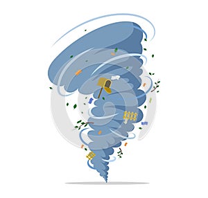 Twisting tornado vector flat illustration. Natural disaster, hurricane or storm, cataclysm and catastrophe.