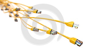 Twisting yellow internet cables. conceptual 3d illustration of ethernet cable and rj-45 plug.