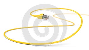 Twisting yellow internet cables. conceptual 3d illustration of ethernet cable and rj-45 plug.