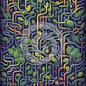 Twisty greenery maze with leaves pattern blue background