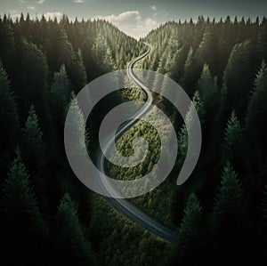 A twisty road going through a green forest. Created with Generative AI