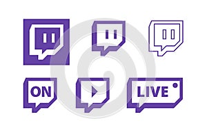 Twitch live gaming video broadcasting symbols, flat vector icon design.