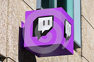 Twitch logo at company headquarters in Silicon Valley. Twitch is a live streaming video platform owned by Twitch Interactive, a