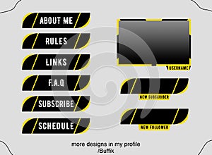Twitch set of modern black-yellow gaming panels and overlays for live streamers. Design alerts and buttons for Twitch. 16:9 and 4:
