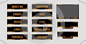 Twitch set of modern orange-black gaming panels and overlays for live stream. Design alerts and buttons streaming. 16:9 and 4:3 sc