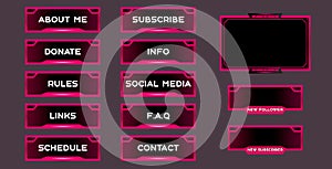 Twitch set of modern pink gaming panels and overlays for live streamers. Design alerts and buttons for streaming. 16:9 and 4:3 scr