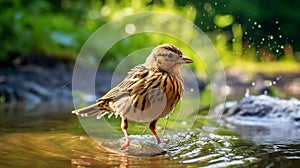 Twite bird bathing in the river