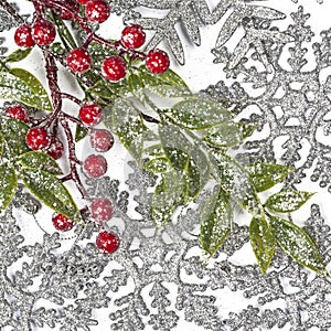 Twiter with holly berries on the silver snowflakes