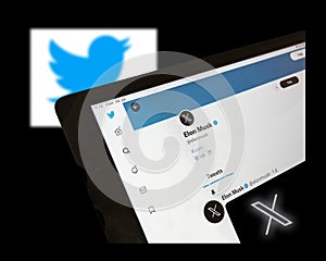 Twitter renamed X - Elon Musk twitter profile new logotype with Twitter bird blurred