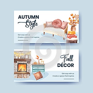 Twitter template with autumn home cozy concept,watercolor style