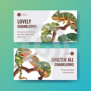 Twitter template with chameleon lizard concept,watercolor style