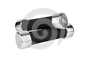 Two 1 kg dumbbells white background isolated closeup, metal barbells with black handle set, pair fitness bar-bells sport equipment