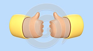 Two 3D cartoon hands show a gesture thumb up isolated on blue background. Hand thumb up or like sign. Vector 3d illustration