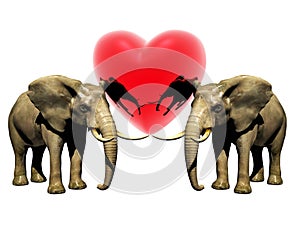 Two 3d elephant with red heart