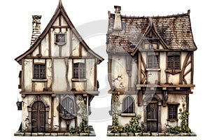 Two 3D Isolated Medieval Houses Against A Transparent Background