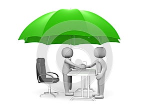Two 3d man - people shaking hands under a green umbrella