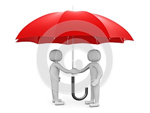 Two 3d man - people shaking hands under a red umbrella