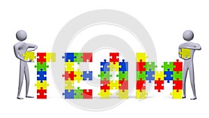 Two ï»¿3d people assembling team text of multicolor puzzle pieces