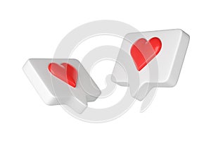 Two 3D social media online platform concept icons, social communication on application. white frames with heart and love