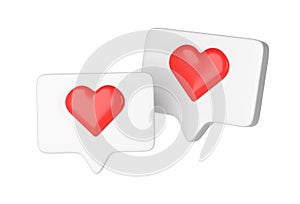 Two 3D social media online platform concept icons, social communication on application. white frames with heart and love