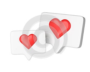 Two 3D social media online platform concept icons, social communication on application. white frames with heart and love