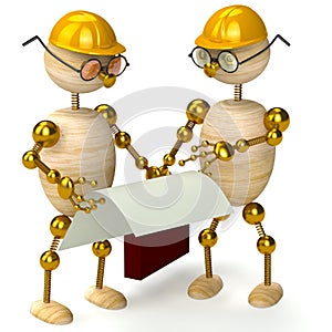 Two 3d wood man engineers