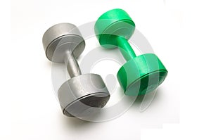 Two 5 kg dumbbell barbells in gray and green on a white background