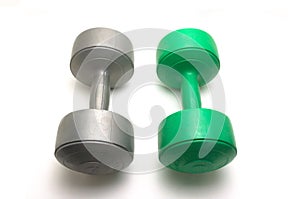 Two 5 kg dumbbell barbells in gray and green on a white background