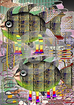 Two abstract colorful fish walking