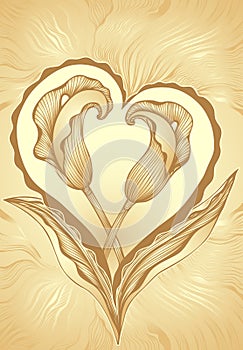 Two abstract flowers callas in form of heart in gold beige