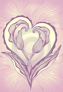 Two abstract flowers callas in form of heart in pink lilac