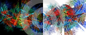 Two abstract fractal backgrounds in one. Colorful blurry lines and spots on black and white backgrounds. Set. 3D rendering. 3D