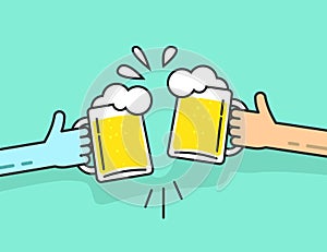 Two abstract hands holding beer glasses with foam clinking